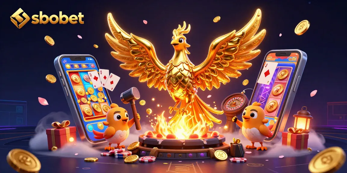Experience the thrill of sbobet with a vibrant illustration of a molten metal phoenix and dynamic gaming elements.
