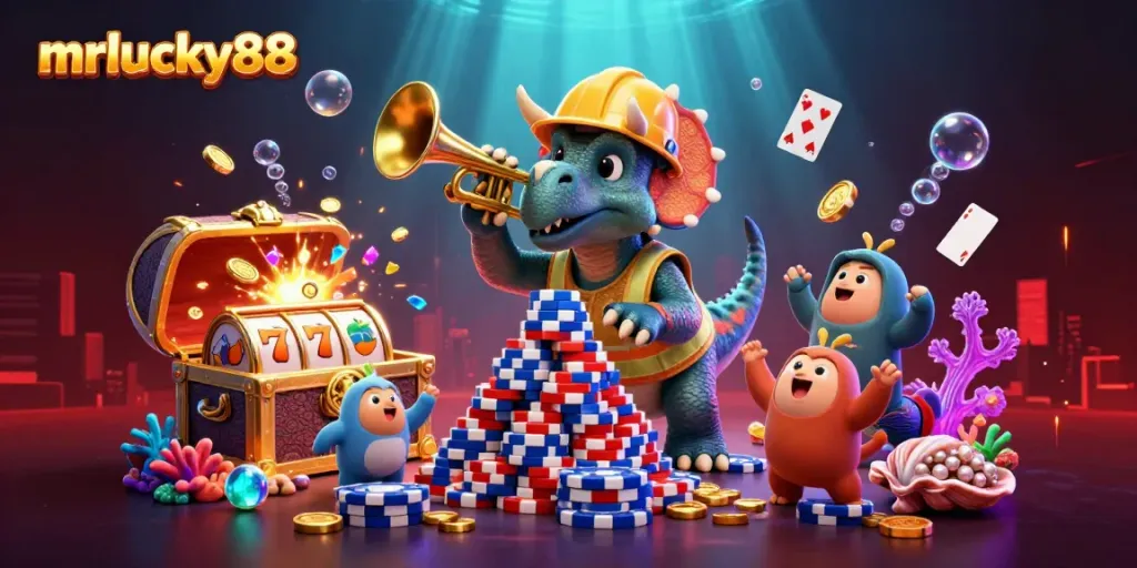 Experience casino excitement with mrlucky88 in a vibrant, animated underwater scene featuring playful characters.