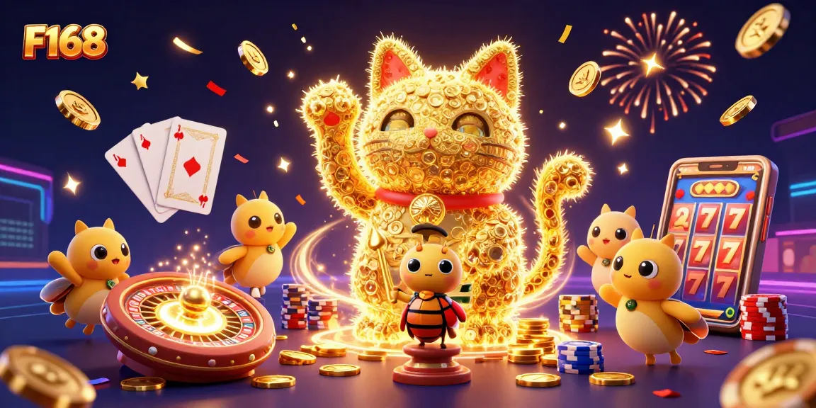 Experience the thrill of F168 with dynamic casino action featuring a giant lucky cat and stunning game elements.