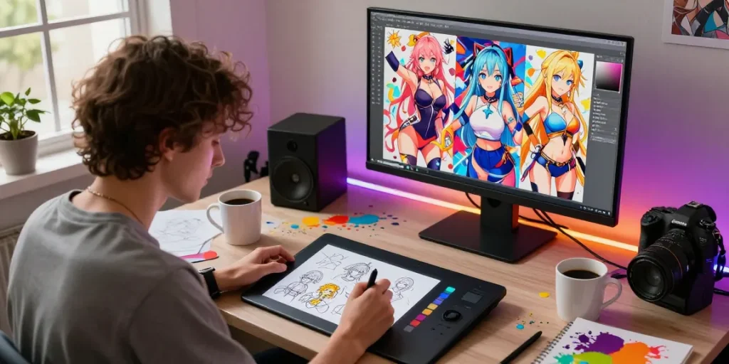 Creating ai ecchi art in a vibrant digital studio with tablet and colorful designs.